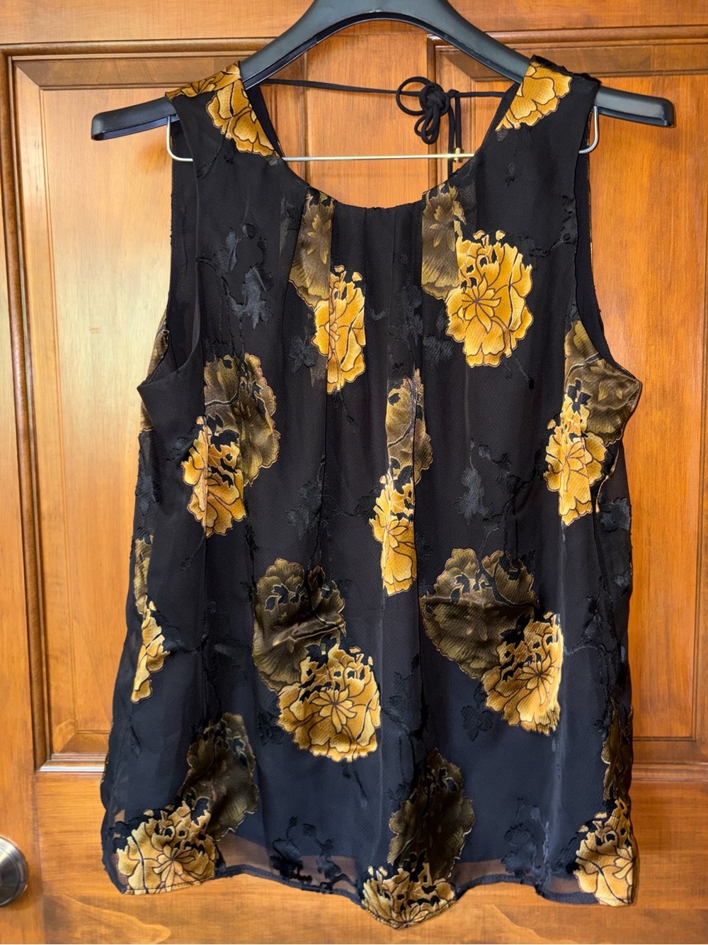 F&F Black & Gold Velvet Floral Burnout Devoré Blouse Top US 10